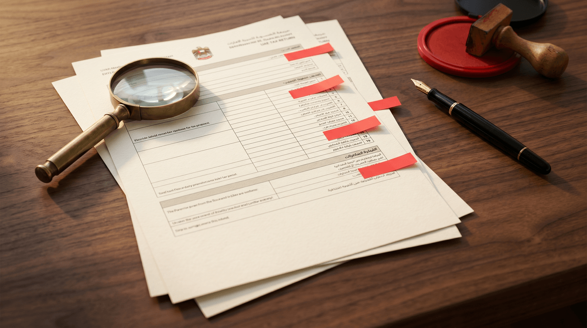 A flagged tax-return printout with red sticky tabs and a magnifying glass resting on a wooden desk.