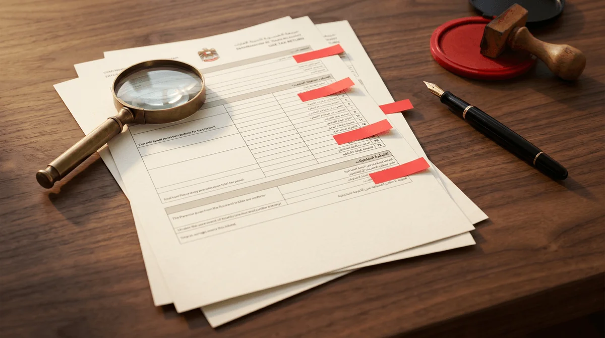 A flagged tax-return printout with red sticky tabs and a magnifying glass resting on a wooden desk.
