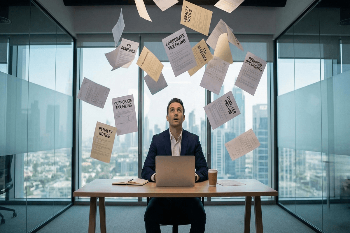 UAE corporate tax return documents beside a filing deadline calendar.