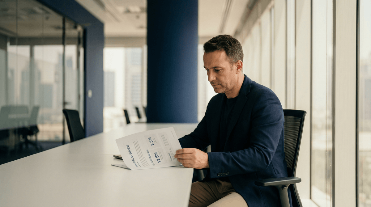 Business owner reviewing corporate tax documents at a clean Dubai office desk