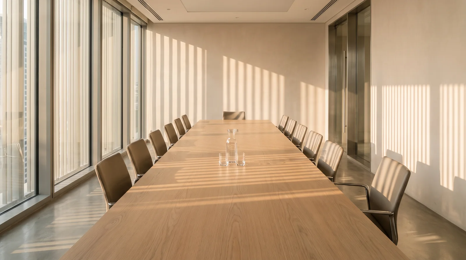 An empty modern boardroom with a long table and daylight through vertical blinds.