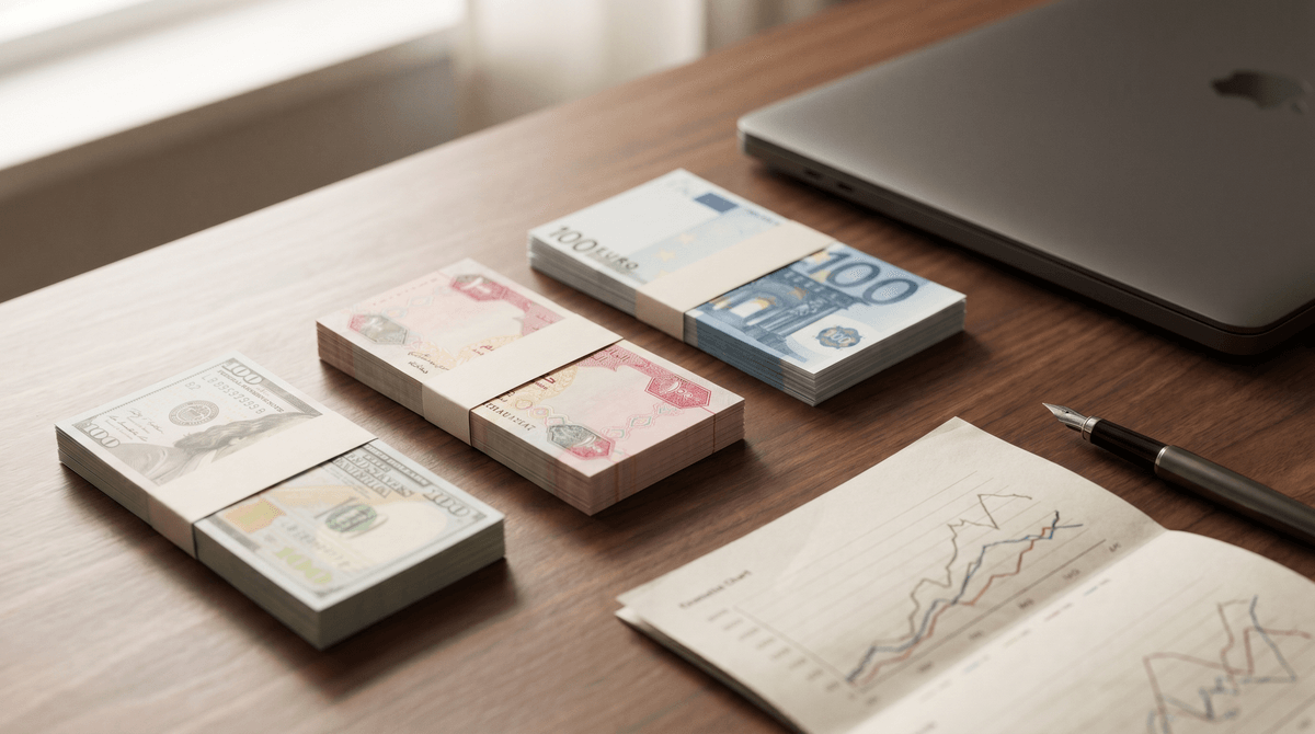 A clean desk with USD, AED and EUR banknotes arranged in three small stacks beside a closed laptop and a paper exchange-rate chart.