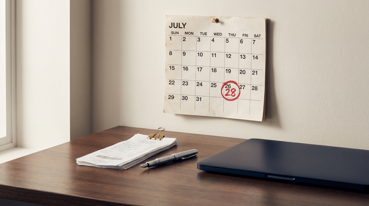 A wall calendar with 28 July circled in red ink, a closed laptop and a stack of receipts beside it on a polished desk.