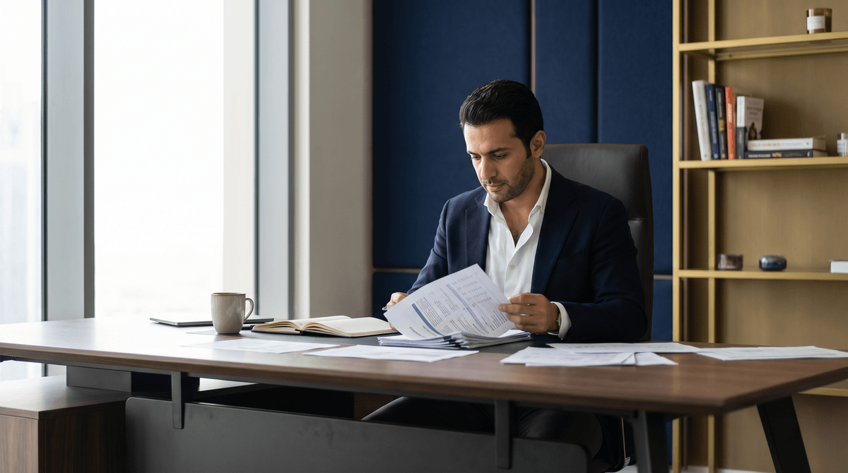UAE small business owner reviewing corporate tax relief paperwork.