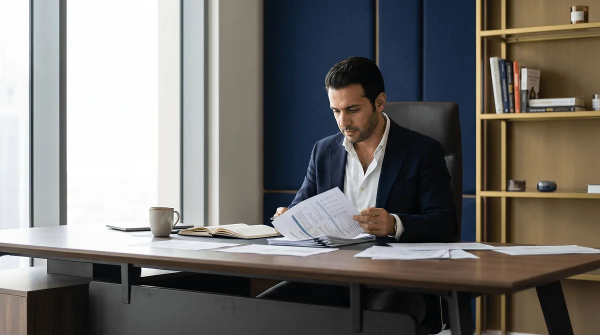 UAE small business owner reviewing corporate tax relief paperwork.