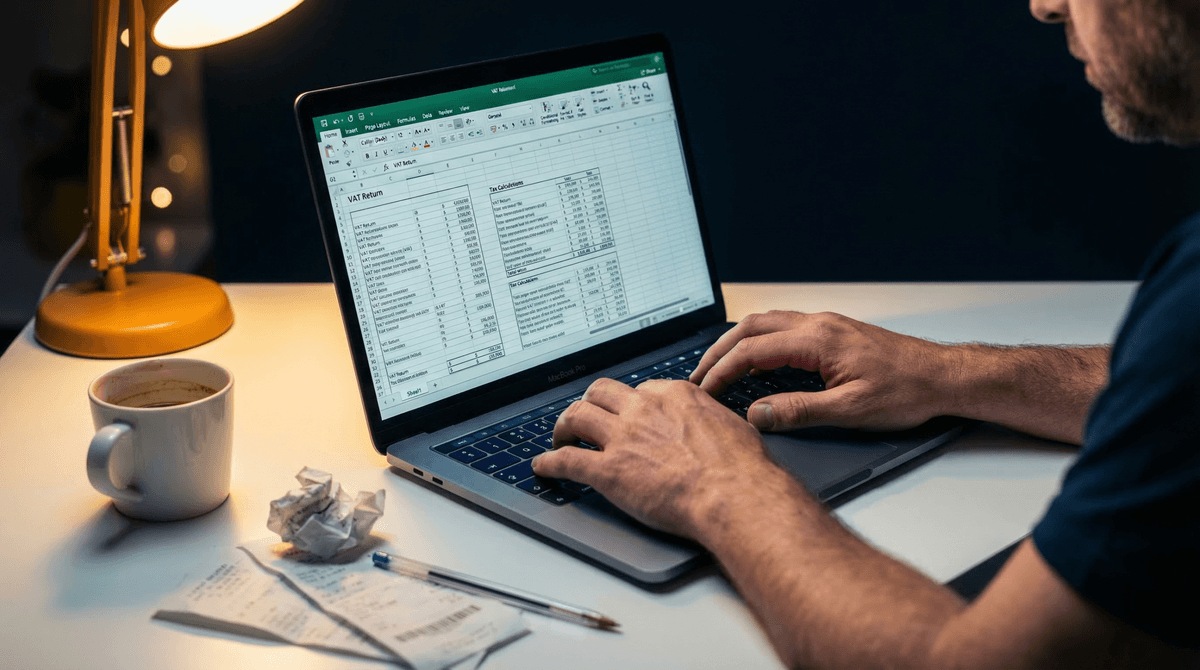 UAE business owner reviewing accounting spreadsheets late at night.