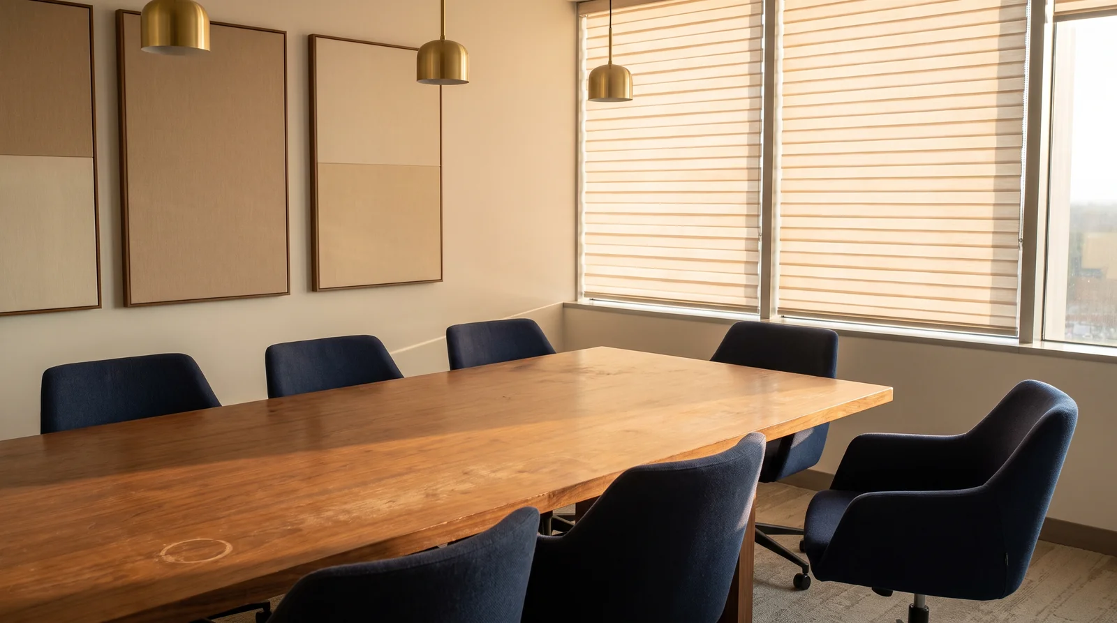 An empty modern meeting room with warm light through half-open blinds falling across a long table.