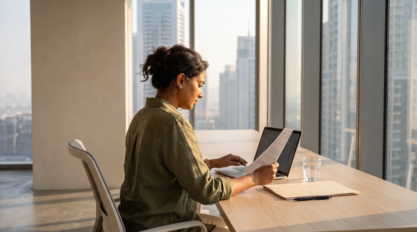 A person working at a desk in warm afternoon light, reviewing a printed statement beside an open laptop.