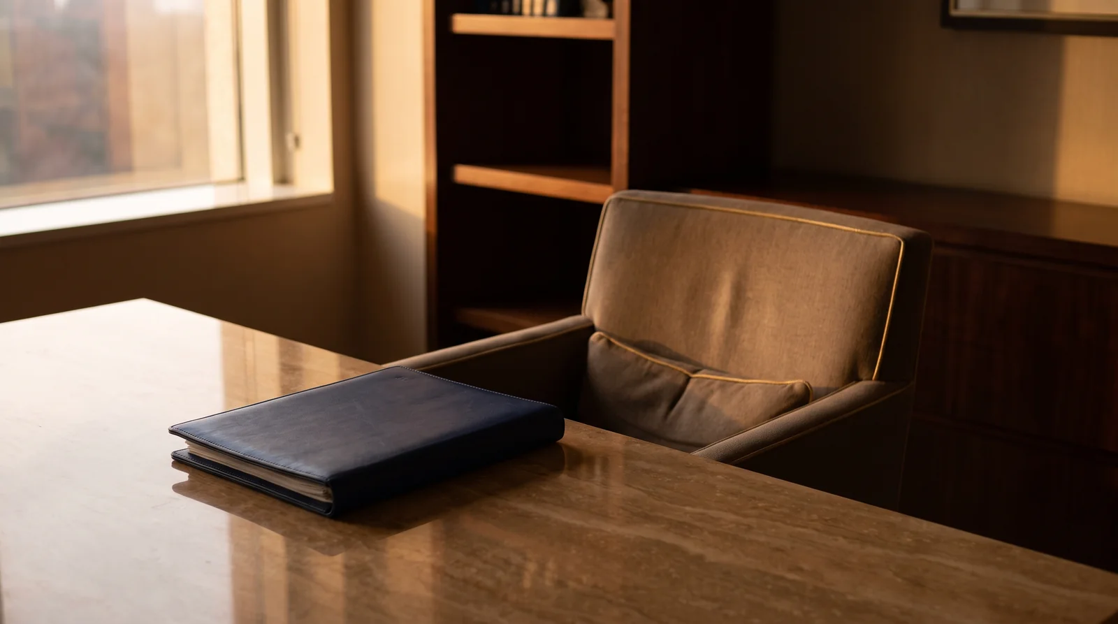 A closed navy leather folder on a warm marble desk beside an empty chair, soft evening light through a window.