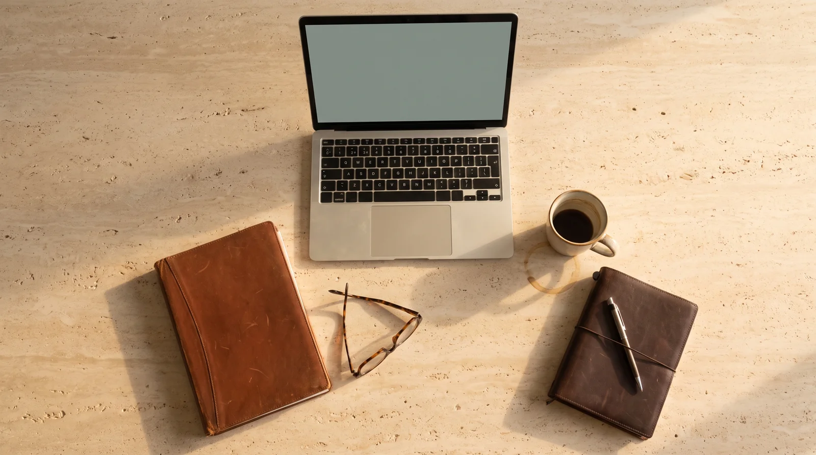 An overhead view of a desk with a laptop, a bound report, glasses and a coffee cup arranged on a warm stone surface.