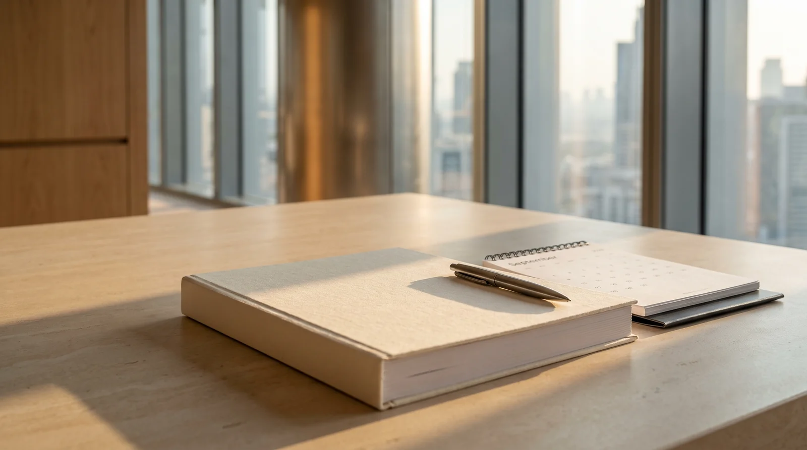 A desk calendar and a set of bound financial statements on a clean workspace, lit by morning light.