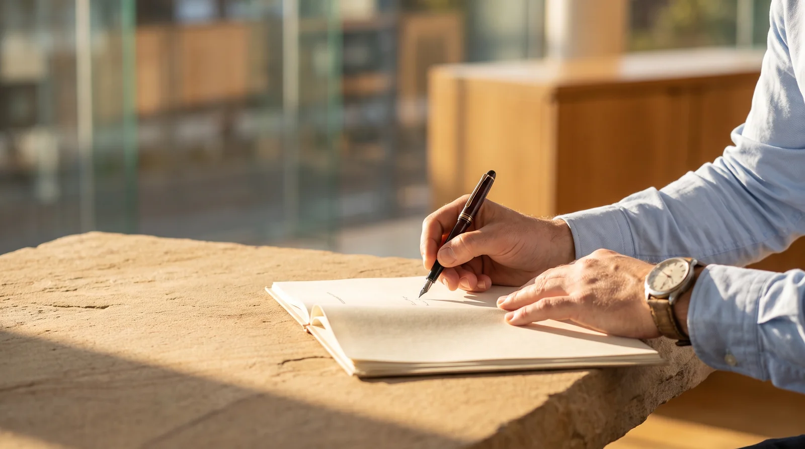A hand signing a document on a clean stone table, the pen mid-stroke, faces out of frame.