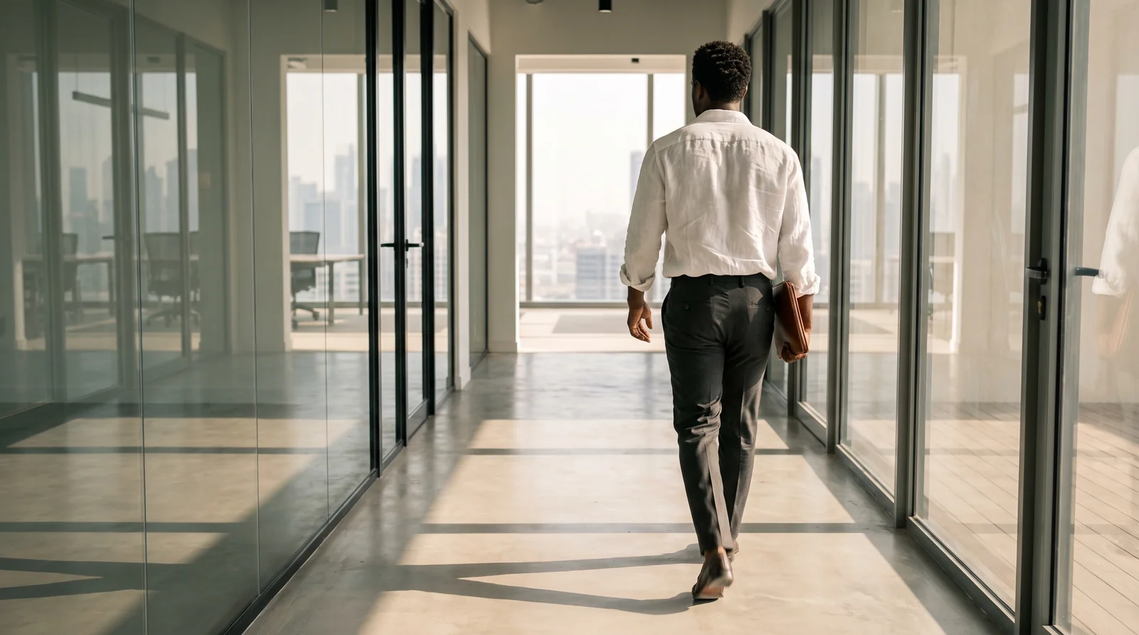 A professional walking through a bright glass-walled office corridor, mid-stride, seen from behind.