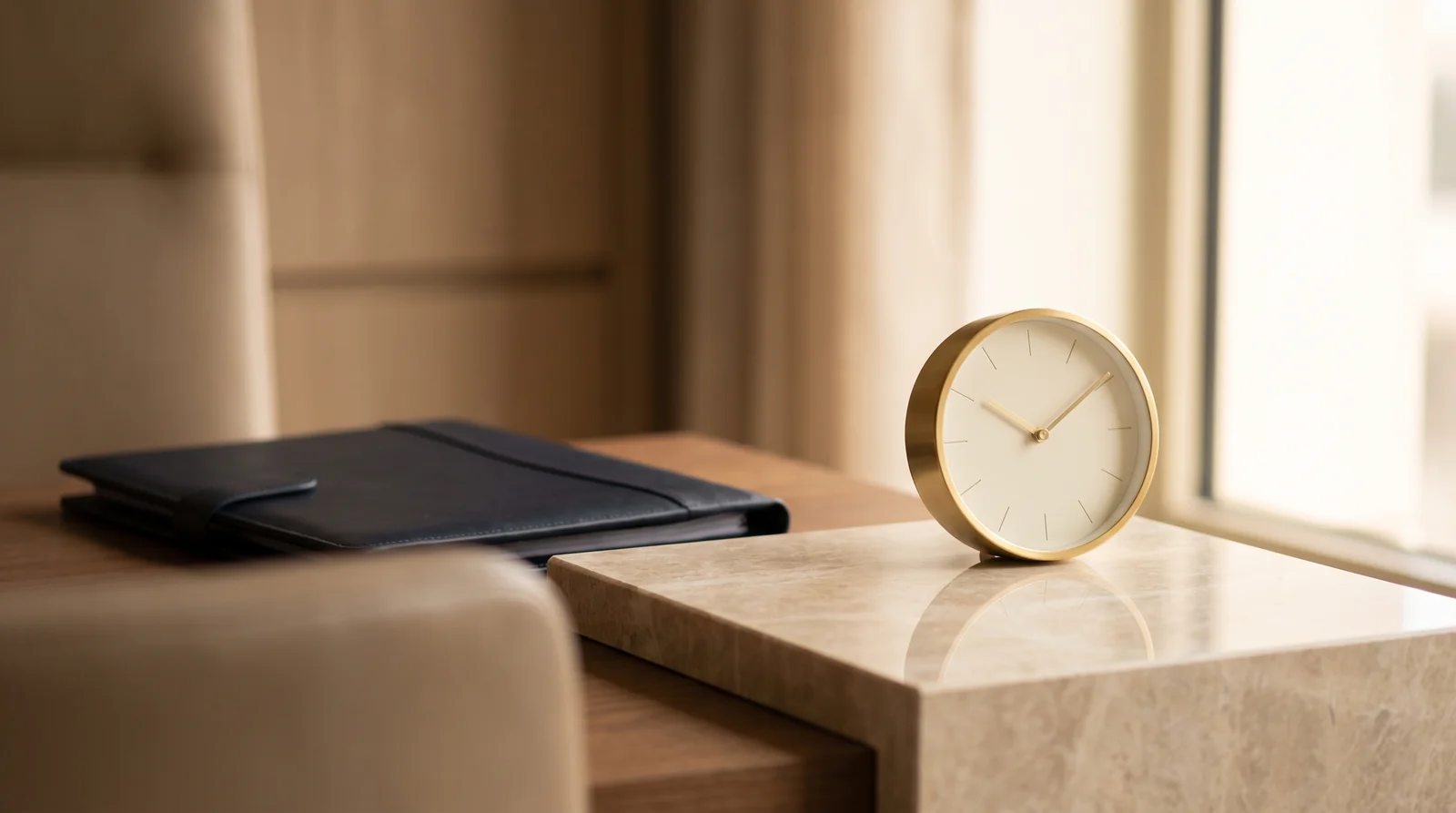 A quiet desk with a wall calendar and a laptop showing a payment screen in soft morning light, navy and gold tones.