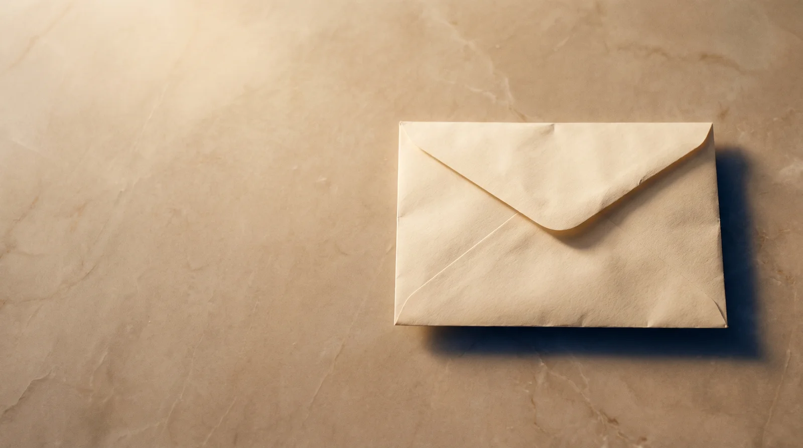 A single unopened envelope resting on a warm marble surface in soft morning light, seen from above.