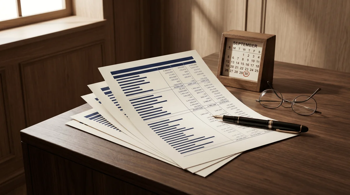 A printed corporate tax return with a fountain pen and a small September wall calendar leaning beside it on a polished desk.