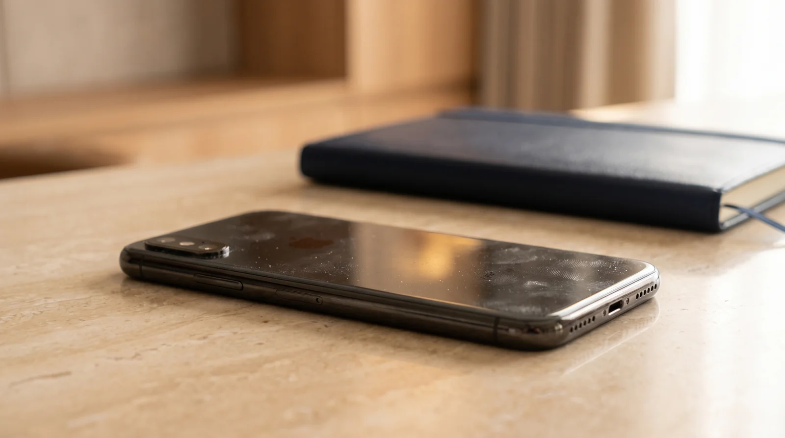 A single smartphone face down on a warm marble surface beside a closed navy notebook in soft morning light.