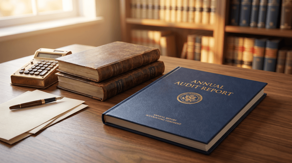 A bound audit report with corporate seal on a polished desk, with ledgers and a calculator beside it.