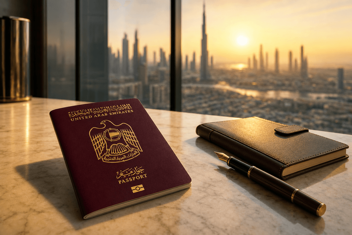 UAE passport on a marble desk with the Dubai skyline visible at golden hour.