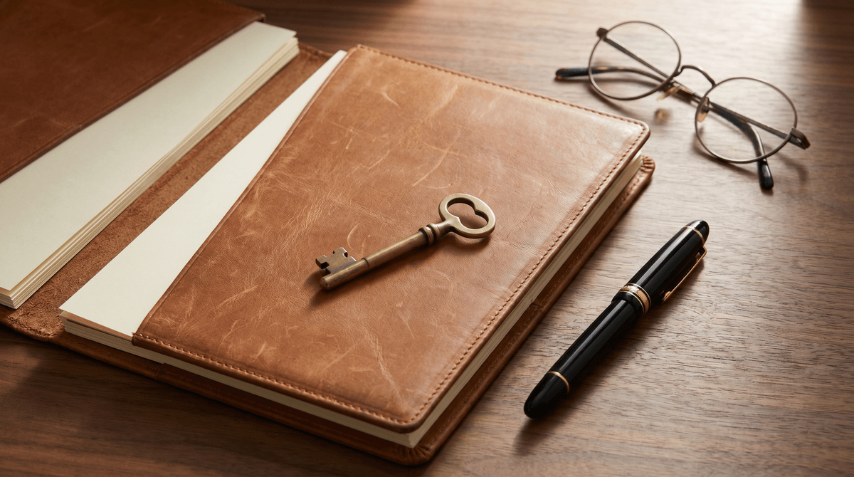 A leather-bound investment portfolio with a fountain pen and a single brass key on a polished walnut desk, soft directional light.