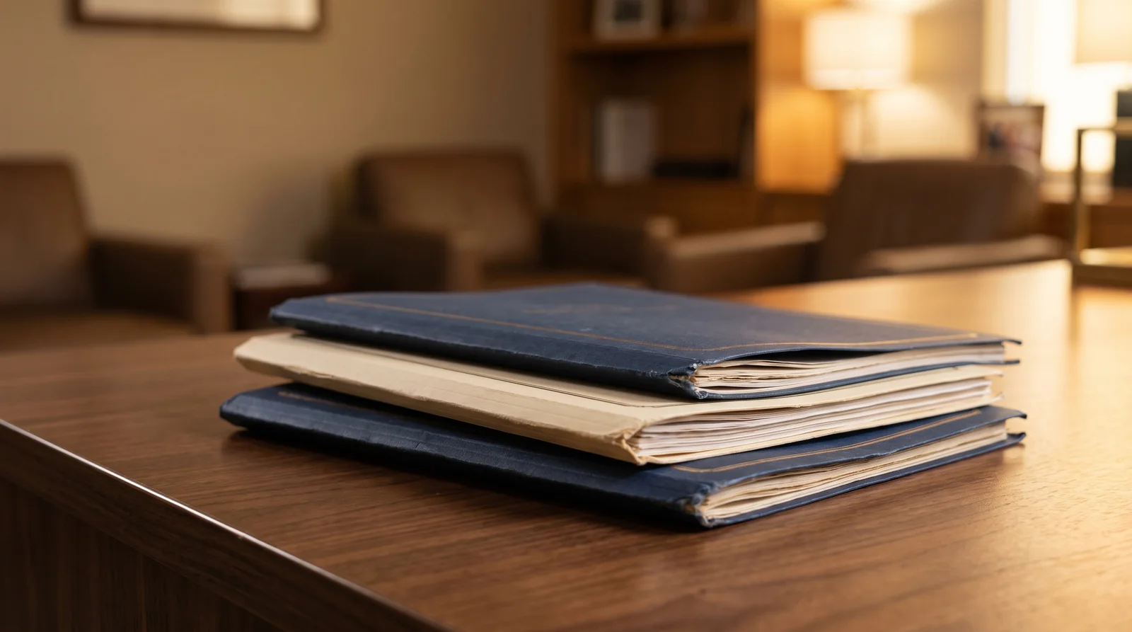 Three stacked document folders in navy and cream aligned on a warm wooden surface, shot at a low angle in soft light.