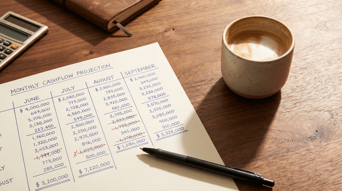 Hand-written cashflow projection sheet next to a half-filled coffee cup on a sunlit office desk.