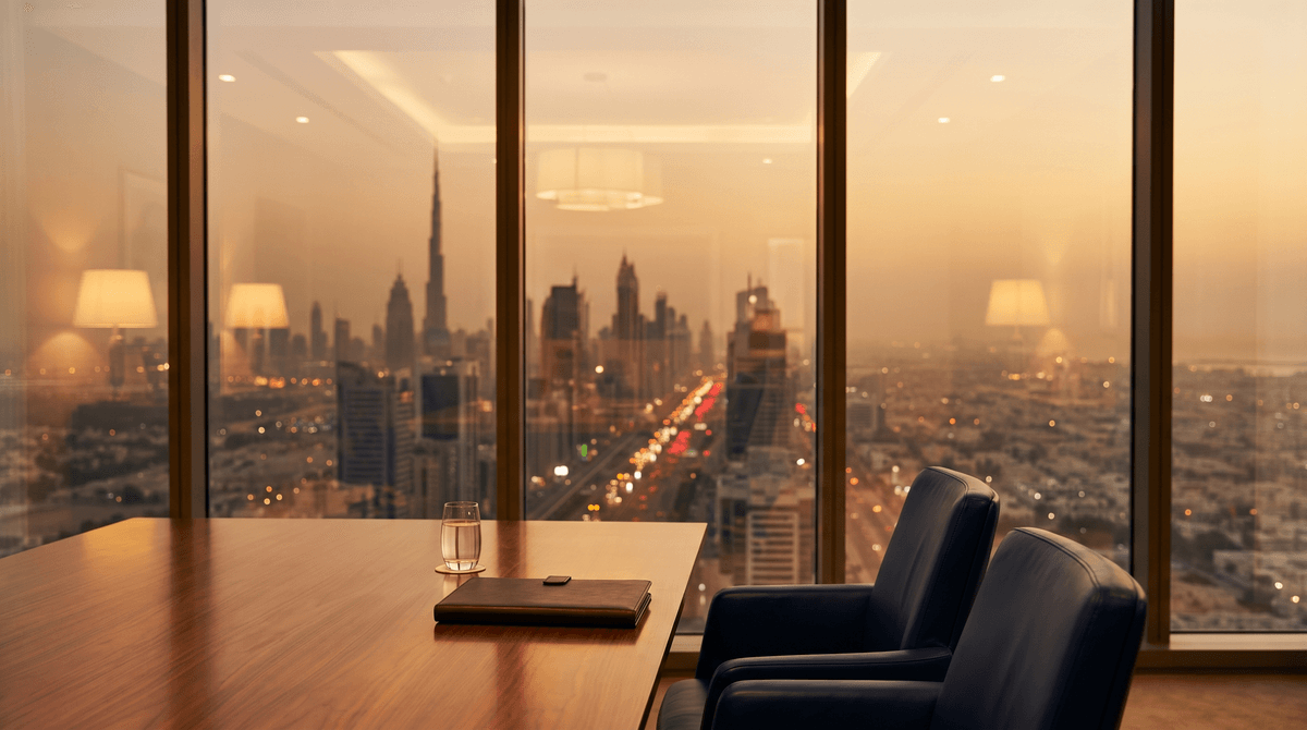 Boardroom with floor-to-ceiling windows overlooking the Dubai skyline at golden hour, the city softly lit below.