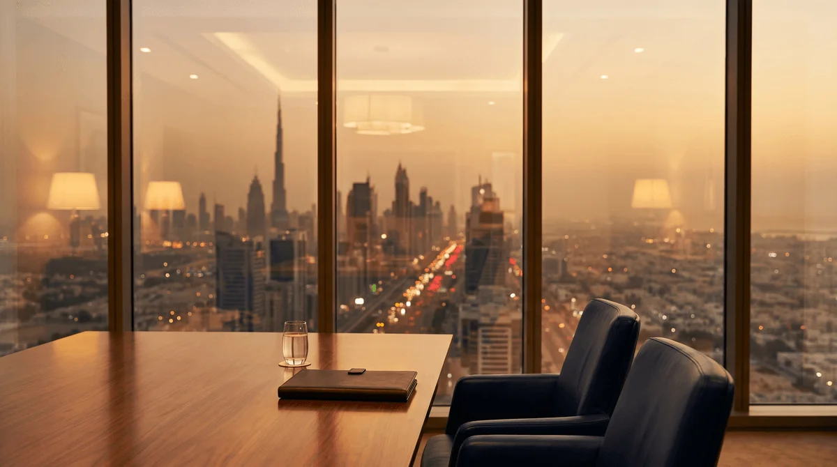 Boardroom with floor-to-ceiling windows overlooking the Dubai skyline at golden hour, the city softly lit below.