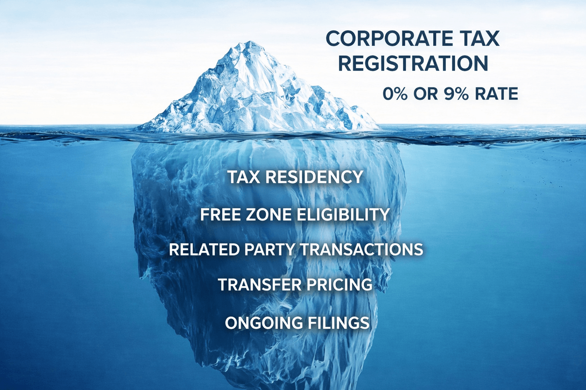 UAE corporate tax overview on a tablet beside financial statements.