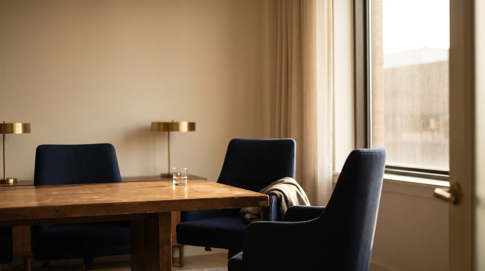 Two chairs at a warm wooden meeting table by a window, one slightly pulled out, soft afternoon light.