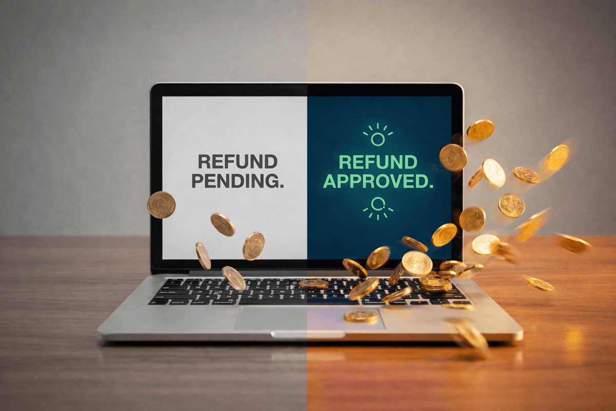 UAE VAT refund marked under review on a laptop screen.